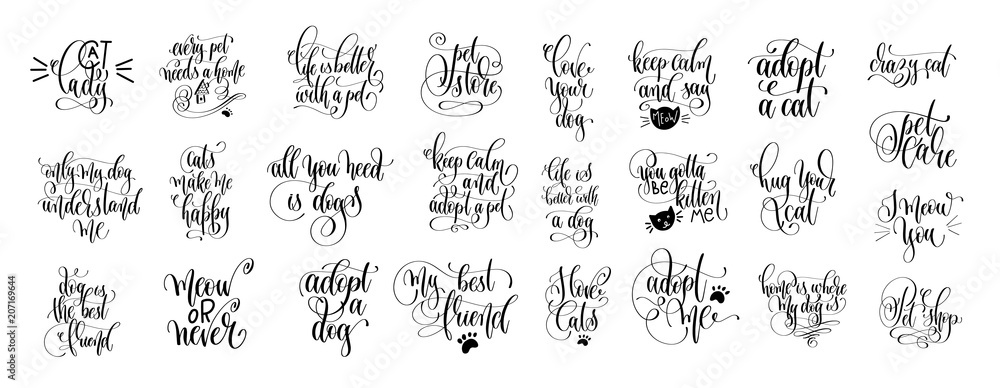 set of 25 hand lettering positive quote about cat and dog