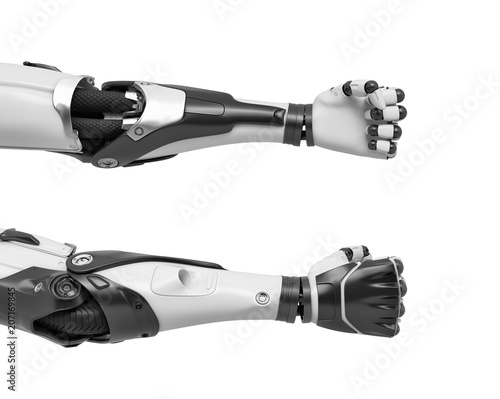 3d rendering of two robot arms with tight fists shown from front and back sides of the hand.
