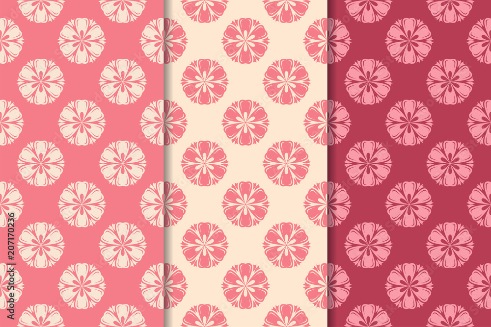 Cherry red floral ornaments. Set of vertical seamless patterns