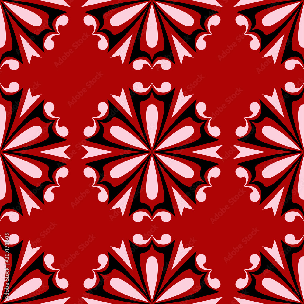 Red seamless pattern with black and white floral design