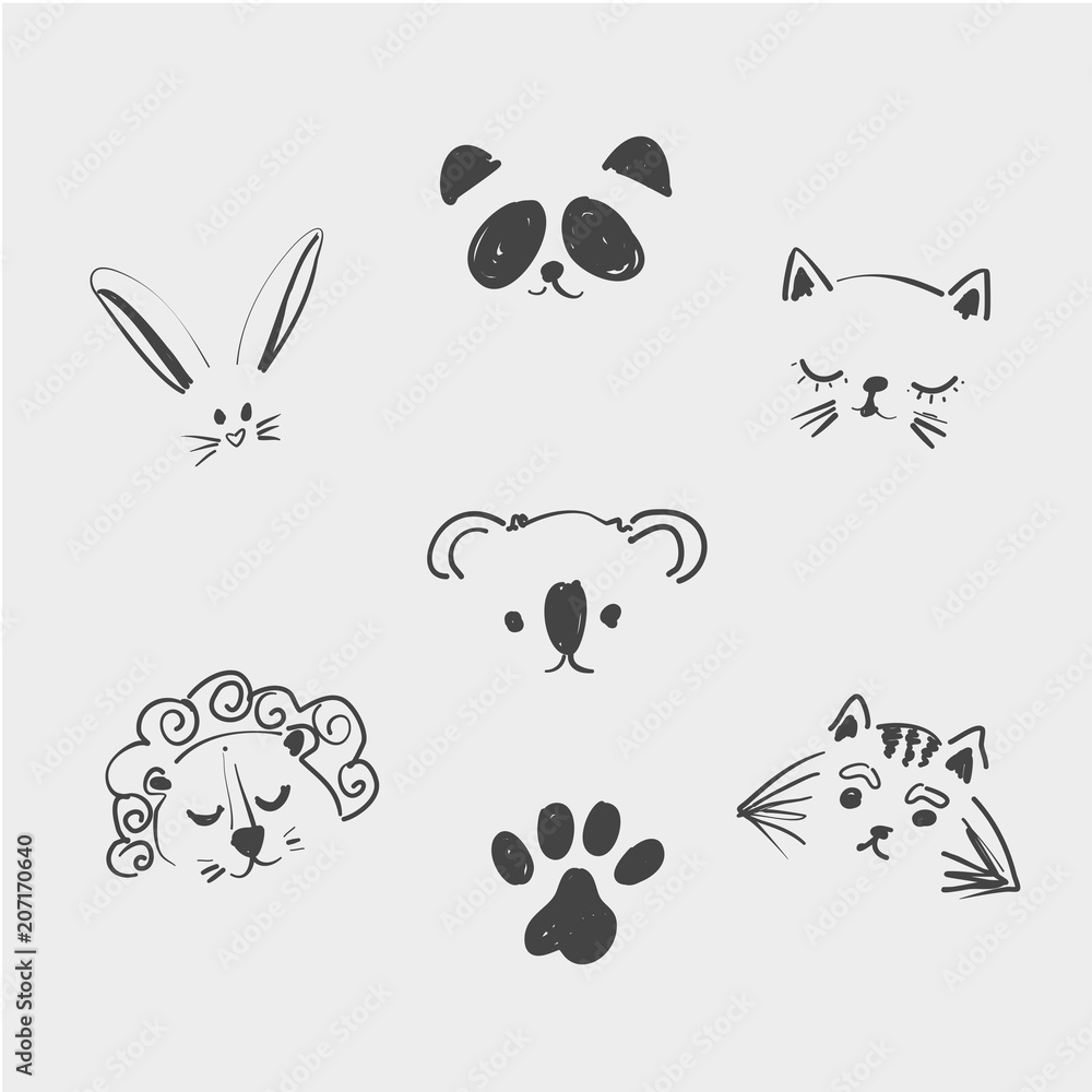 Set of cute animal faces for t shirt, notebooks, card, fabric, fashion design. Trendy vector illustration drawing with a tablet. Handdrawn, freehand, imitation of children s drawings. Doodle art Set of cute animal faces for t shirt, notebooks, card, fabric, fashion design. Trendy vector illustration drawing with a tablet. Handdrawn, freehand, imitation of children s drawings. Doodle art