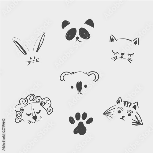 Set of cute animal faces for t shirt, notebooks, card, fabric, fashion design. Trendy vector illustration drawing with a tablet. Handdrawn, freehand, imitation of children s drawings. Doodle art
