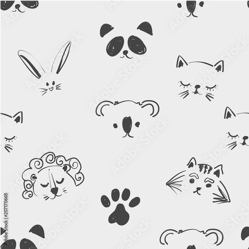 Seamless pattern of cute animal faces for t shirt, notebooks, card, fabric, fashion design. Trendy illustration tablet drawing freehand, imitation of children s drawings. Doodle art