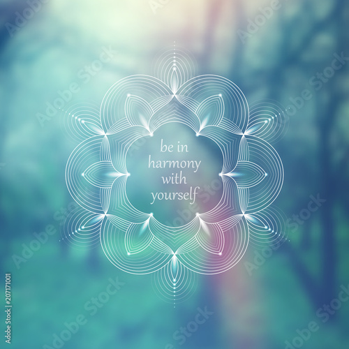 Vector square template for web and social media; Wonderful sacred geometry on landscape blurred background with motivational phrase or place for your text.