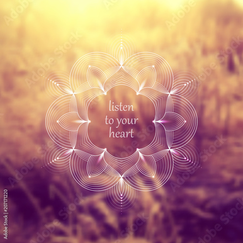 Vector square template for web and social media; Wonderful sacred geometry on landscape blurred background with motivational phrase or place for your text.