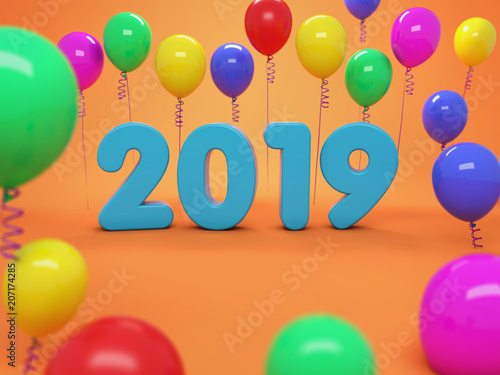      New Year 2019 Creative Design Concept with Balloon - 3D Rendered Image 