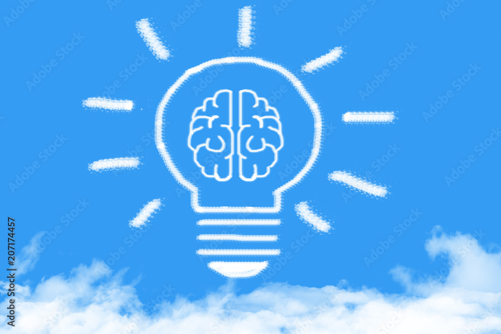 Light bulb with a brain cloud shaped on blue sky Light bulb with a brain cloud shaped on blue sky