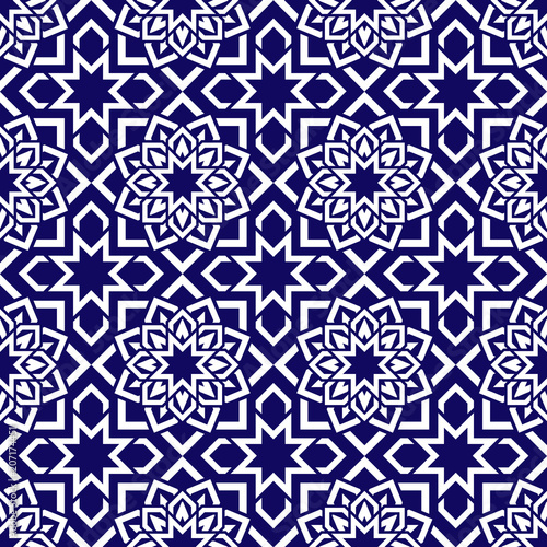 Eastern seamless pattern. Asian geometric background. Dark and white Islamic backdrop . Arabic template ornamental design. Tile texture. Endless repeated vector