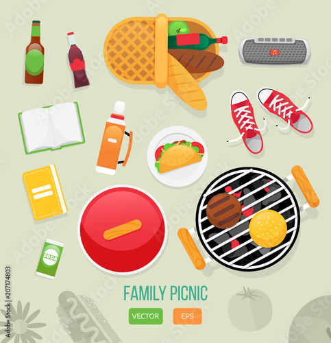 Summer, spring barbecue and picnic icons set. Flat style. Snacks, vegetables, healthy food. Set of elements for picnic.