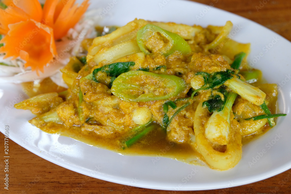 close up Fried Squid curry powder , soft focus close up Fried Squid curry powder , soft focus