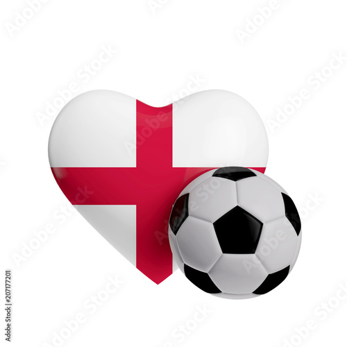England flag heart shape with a soccer ball. Love football. 3D Rendering