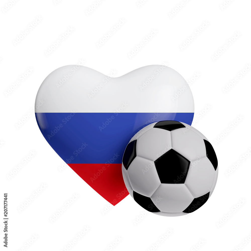 Fototapeta premium Russia flag heart shape with a soccer ball. Love football. 3D Rendering