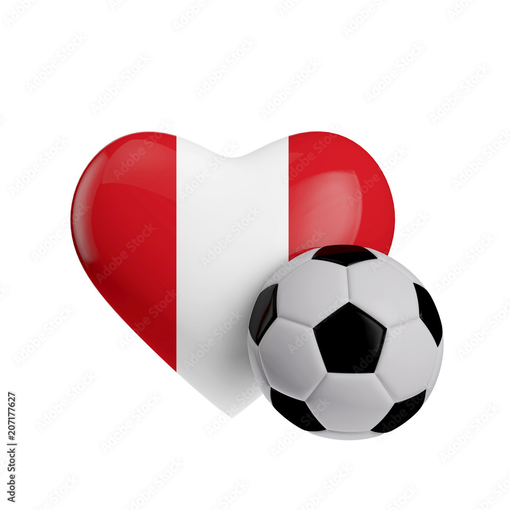Peru flag heart shape with a soccer ball. Love football. 3D Rendering Peru flag heart shape with a soccer ball. Love football. 3D Rendering