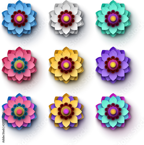 Bright colorful 3d flowers isolated on white.