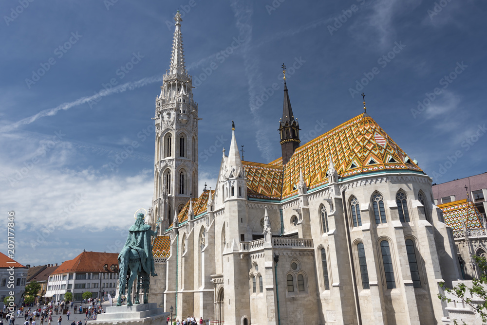 The Matthias church and statue of Stephen I the first king of Hungary 