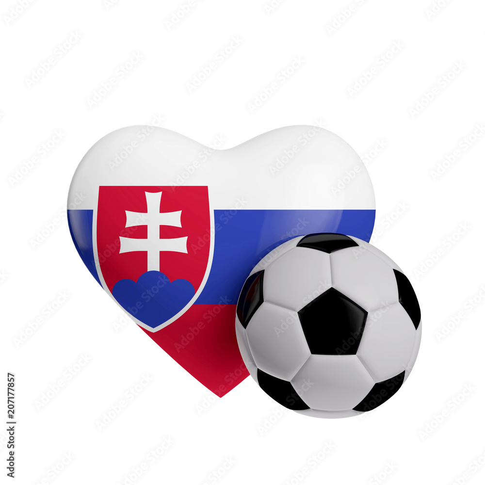 Obraz premium Slovakia flag heart shape with a soccer ball. Love football. 3D Rendering