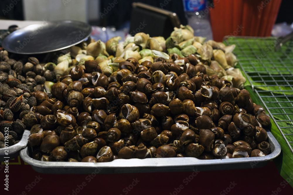 Street food seashells on night street market Street food seashells on night street market