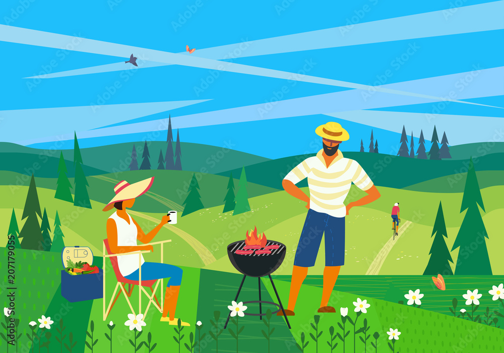 Family barbecue picnic. Summer outdoors concept. Cartoon colorful poster.  Season holiday leisure banner background. Mountain valley in green wood  hills. Weekend BBQ of father, mother, son on nature Stock Vector | Adobe
