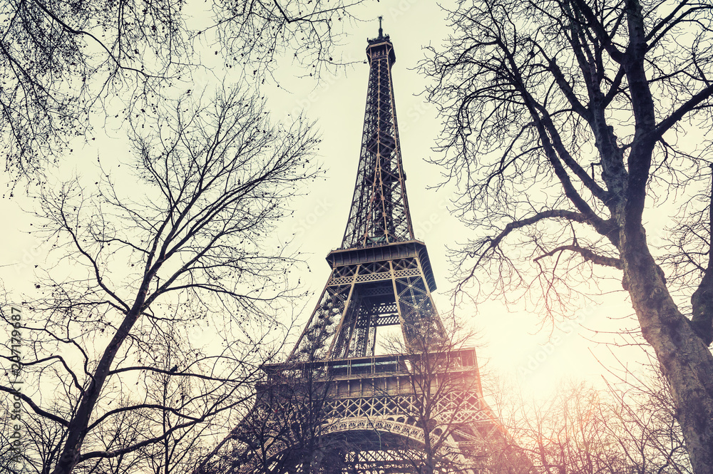 Eiffel Tower in Paris, France. Vintage filter