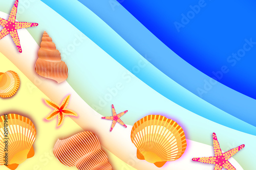 Origami clam mollusc shells. Exotic Wave and sand in Paper cut art. Text. Summer Sale.. Special offer. Poster Flyer. Top view.