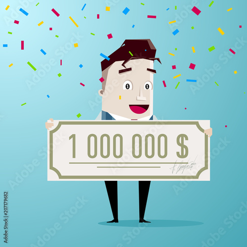 Man holding a bank check for a million dollars: Lottery winner