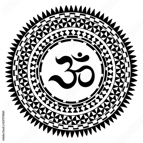 Circular pattern in form of mandala with symbol mantra Om. Traditional ornaments of Maori people - Moko style. Vintage decorative tribal border from elements of African theme.