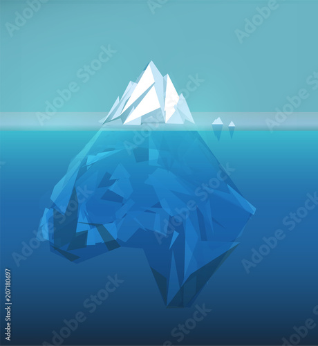 Iceberg polygonal illustration, sea ice berg, underwater ice, abstract polygon ice floe, glacier vector picture.