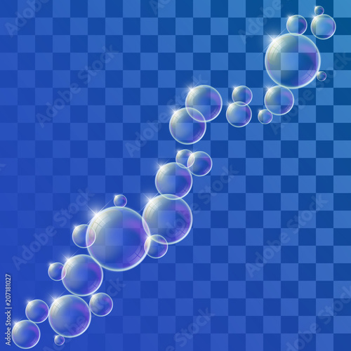 Multicolored realistic soap bubbles set with rainbow reflection on transparent background. Water sphere. 3D Vector illustration.
