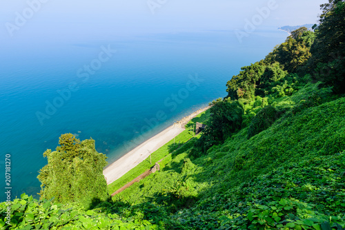 Beautiful summer view of the Black sea coast. The Botanical Garden of Batumi located at area of Mtsvane Kontskhi (Green Cape), Georgia.