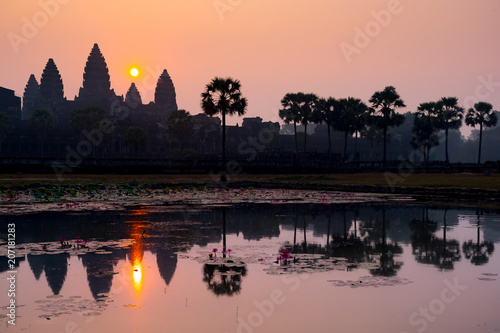 Breathtaking sunrise in antient old Angkor Wat Temple in Cambodia