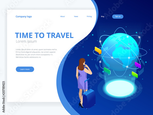 Isometric web banner businesswomen hold Luggage business trip. Travel to World. Road trip. Tourism. Landmarks on the globe. Concept website template. Vector illustration.