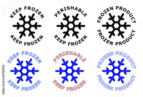 Keep frozen sign. Snowflake symbol with text around it. Black, white and blue color version.