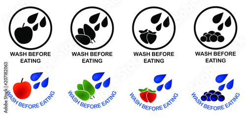 Wash before eating set of symbols. Black and color version sign, drops of water falling on apple, green leaves, strawberries and blueberries.