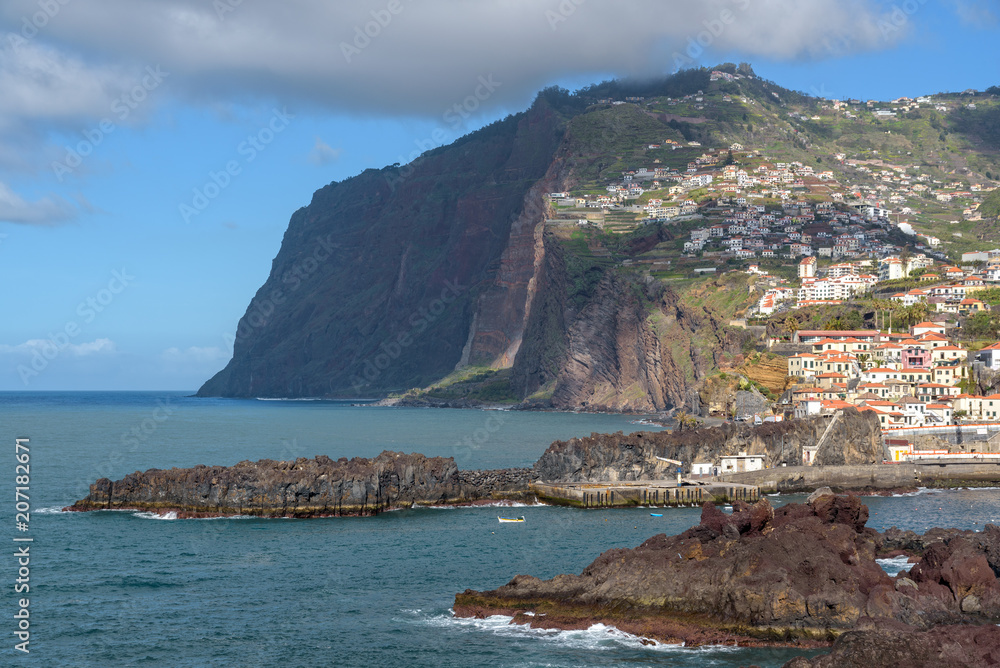 Madeira Island. Câmara de Lobos fishing village. Cabo Girao at the top. 18.3.2018