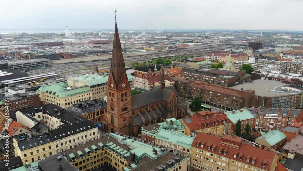 Aerial view of cityscape of Malmo, capital city of Scania, historic center of city, St. Peter's Church (Sankt Petri kyrka) Gothic style building - landscape of Sweden from above, Scandinavia, Europe Aerial view of cityscape of Malmo, capital city of Scania, historic center of city, St. Peter's Church (Sankt Petri kyrka) Gothic style building - landscape of Sweden from above, Scandinavia, Europe