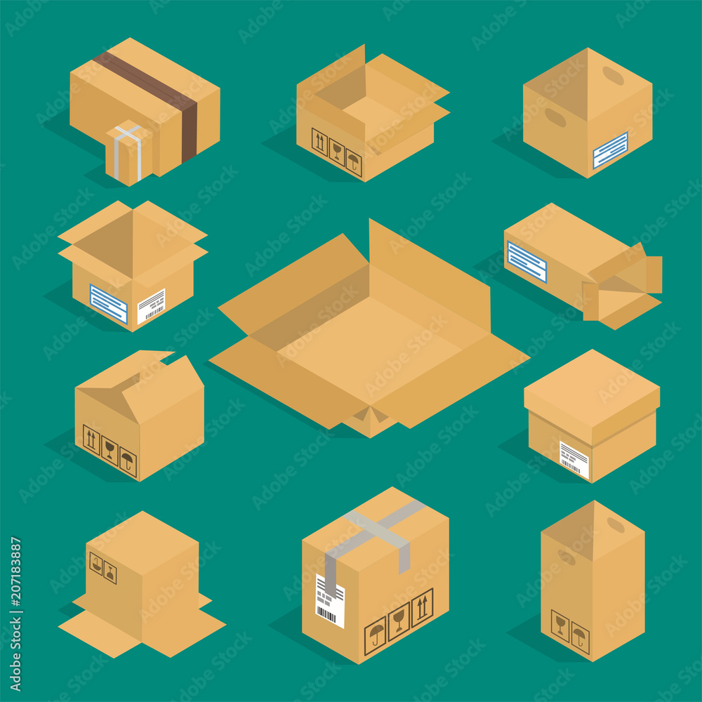 Different box vector isometric icons isolated pack move service or gift container packaging illustration Different box vector isometric icons isolated pack move service or gift container packaging illustration