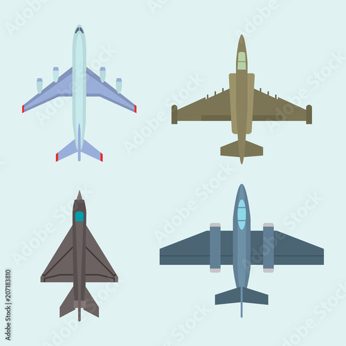 Vector airplane illustration top view and aircraft transportation travel way design journey object. photo