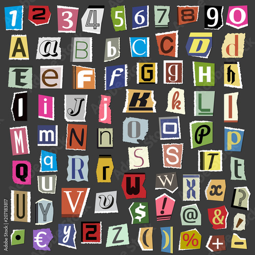 Vector collage alphabet letters made from newspaper magazine abc paper text cut type typography sign illustration