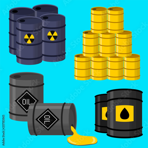 Oil drums container fuel cask storage rows steel barrels capacity tanks natural metal old bowels chemical vessel vector illustration
