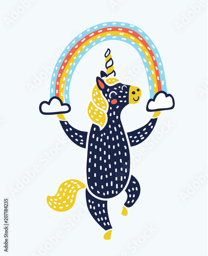 Vector unicorn dance with rainbow photo