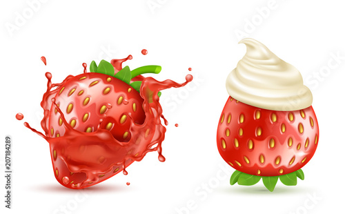 Vector set of two red ripe strawberries with juicy splash and with whipped cream or icing, isolated on background. Summer fruit, berry with sweet taste. Mockup for juices or yogurts package design