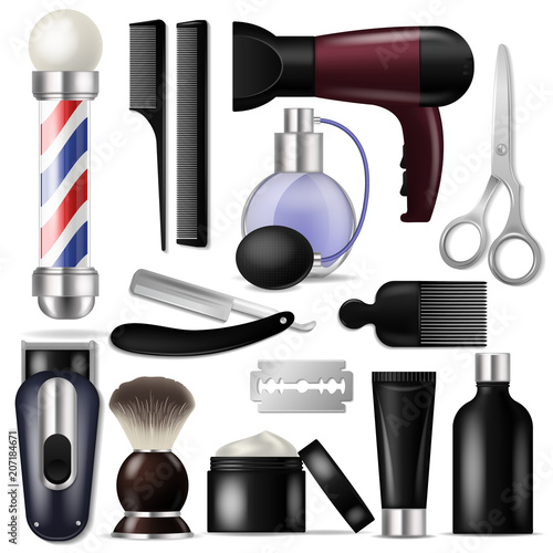 Barber vector barbershop equipment or hairdresser tools for haircutting illustration shaving-set of razor scissors and hairbrush or hair dryer isolated on white background
