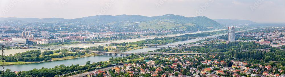 Panorama of the Danube or Donau river in Vienna, Austria