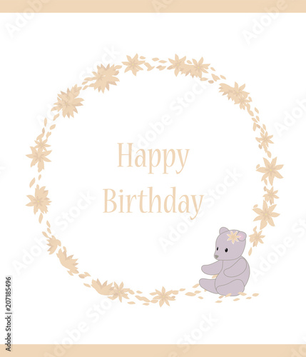 Birthday baby card with inscription and wreath of pink peach flowers petals with toy gray bears on white background vector