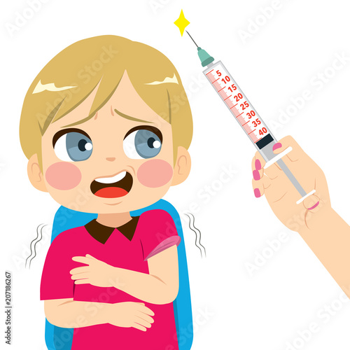 Little young boy scared and female doctor hand with vaccine injection