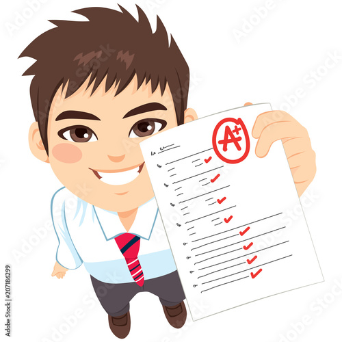 Close up top view of teenager student boy showing perfect A plus test exam result