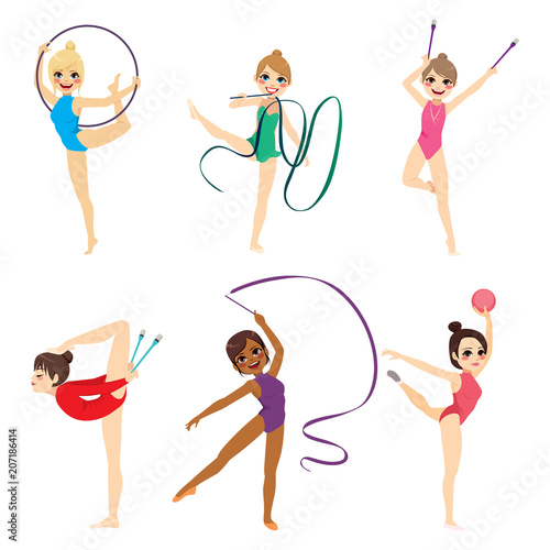 Set collection of young beautiful professional gymnastic girl doing different exercise