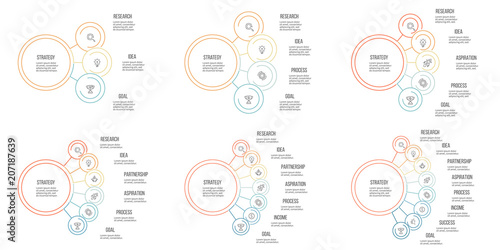 Business infographics. Organization charts with 3, 4, 5, 6, 7, 8 options. Vector template.