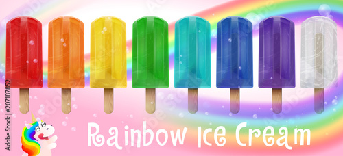 Collection of realistic colorful rainbow fruit ice cream and cute unicorn. Vector stock illustration