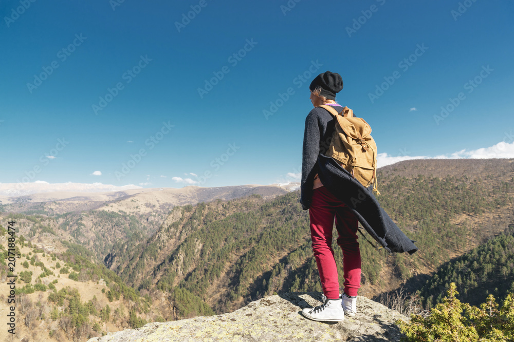 Fototapeta premium Back view of an attractive female tourist, standing in a hat with a backpack on her shoulders enjoying a sunny afternoon in the mountains. The concept of lifestyle travel